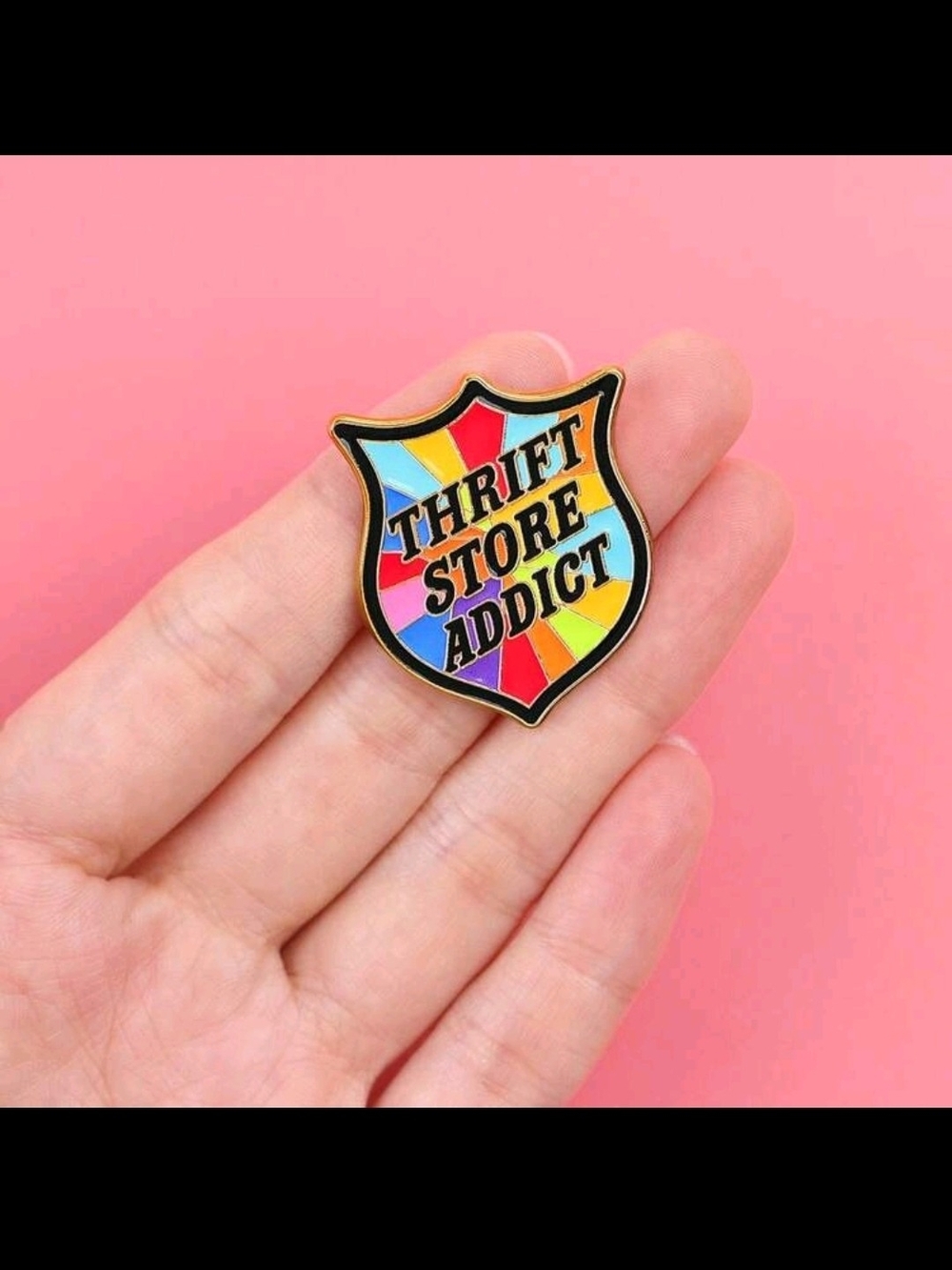 Thrift Store Addict Rainbow Enamel Pin - Pink Multicolor